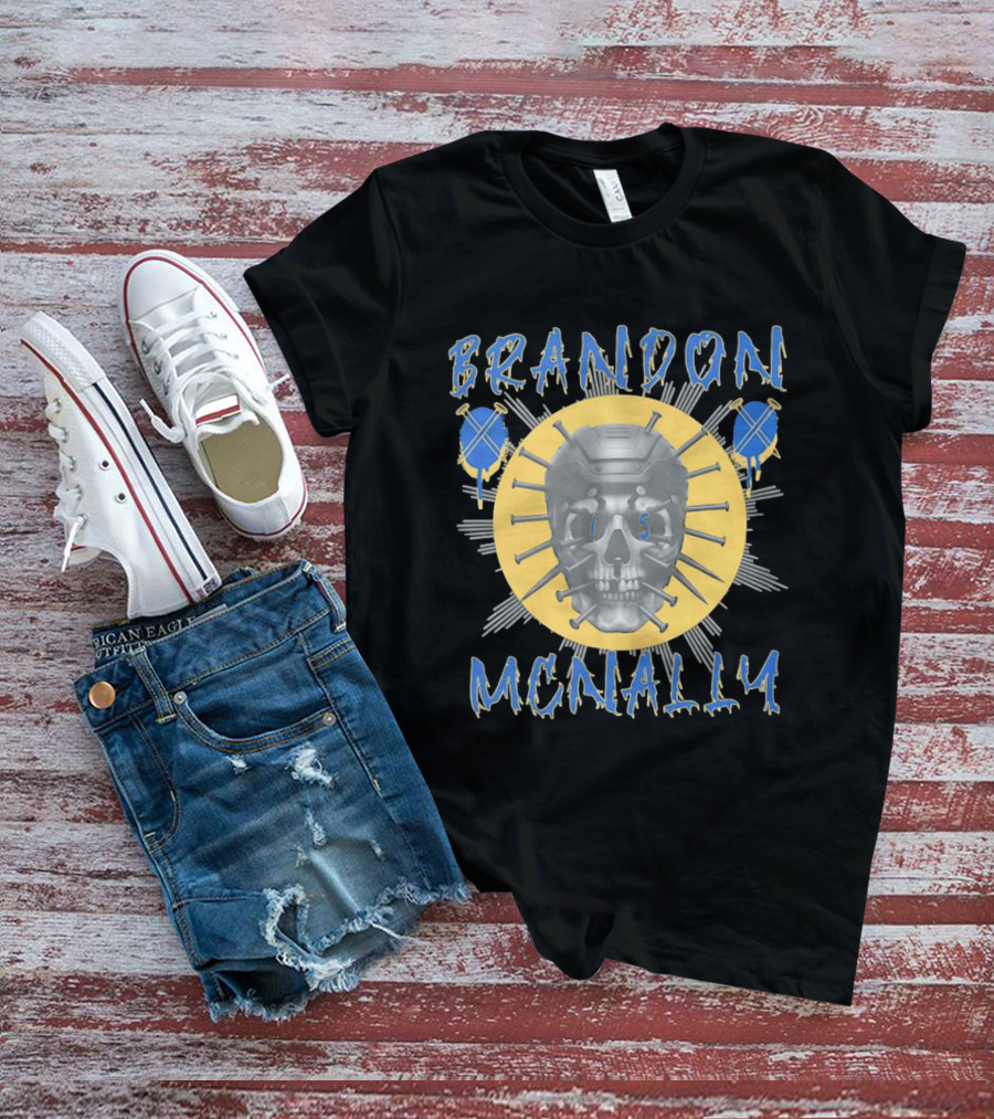 Brandon McNally Hockey Skull 15 Helmet Nails Blue Yellow T-Shirt