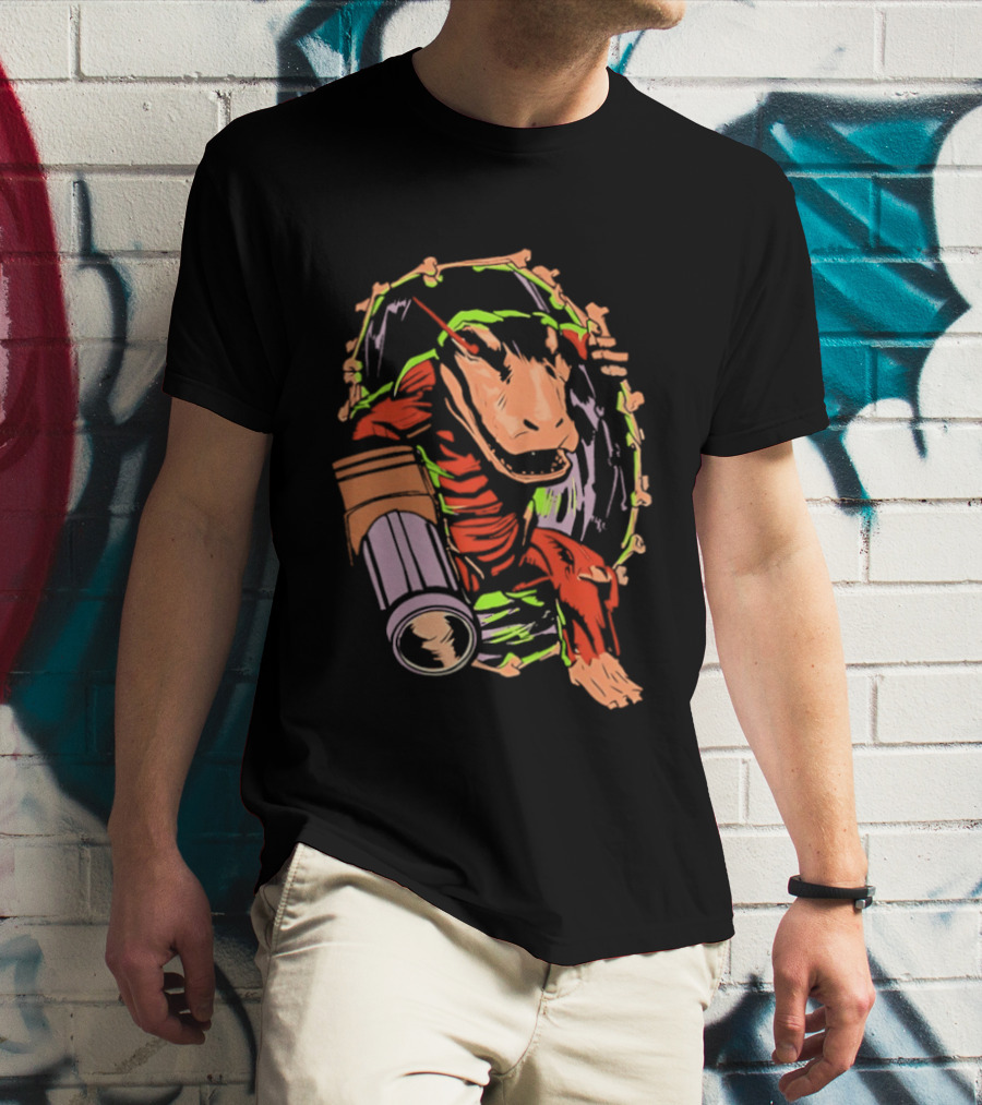 Colorful Dinosaur Cartoon Illustration With Vibrant Brush Strokes T-Shirt