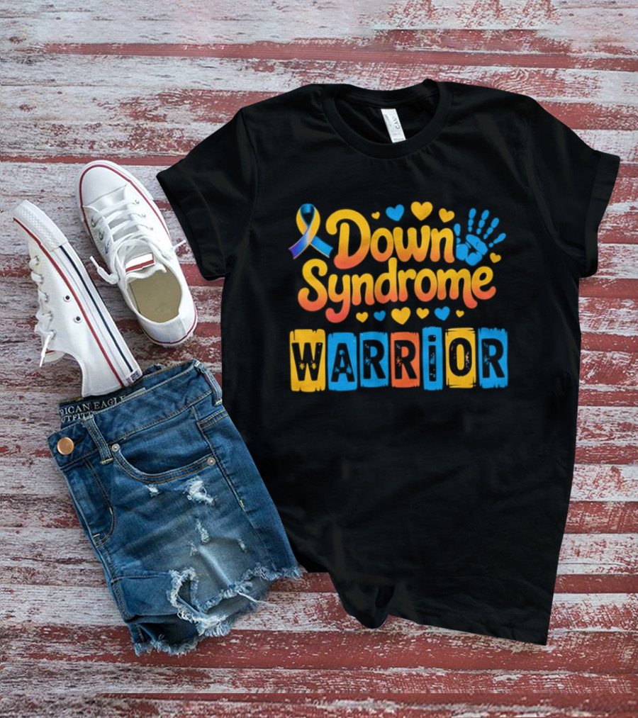 Down Syndrome Warrior Ribbon Handprint Hearts T-Shirt