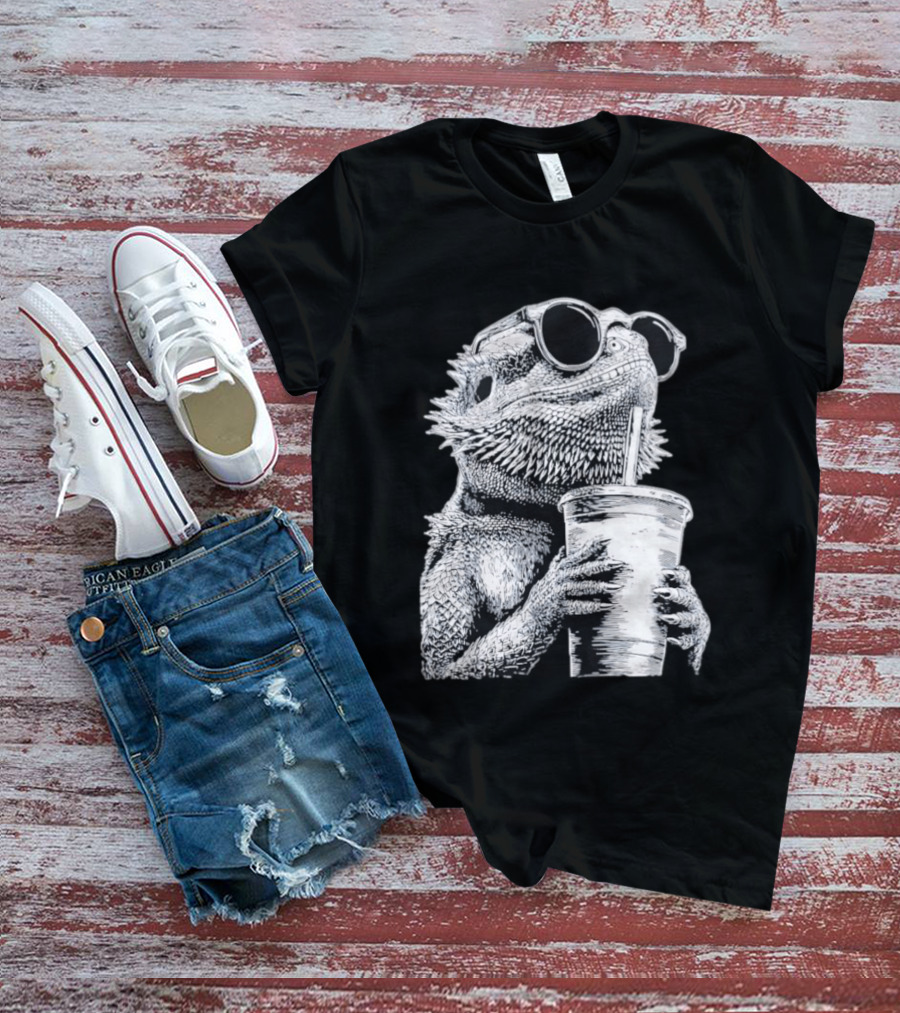 Bearded Dragon With Sunglasses Drinking Iced Coffee T-Shirt