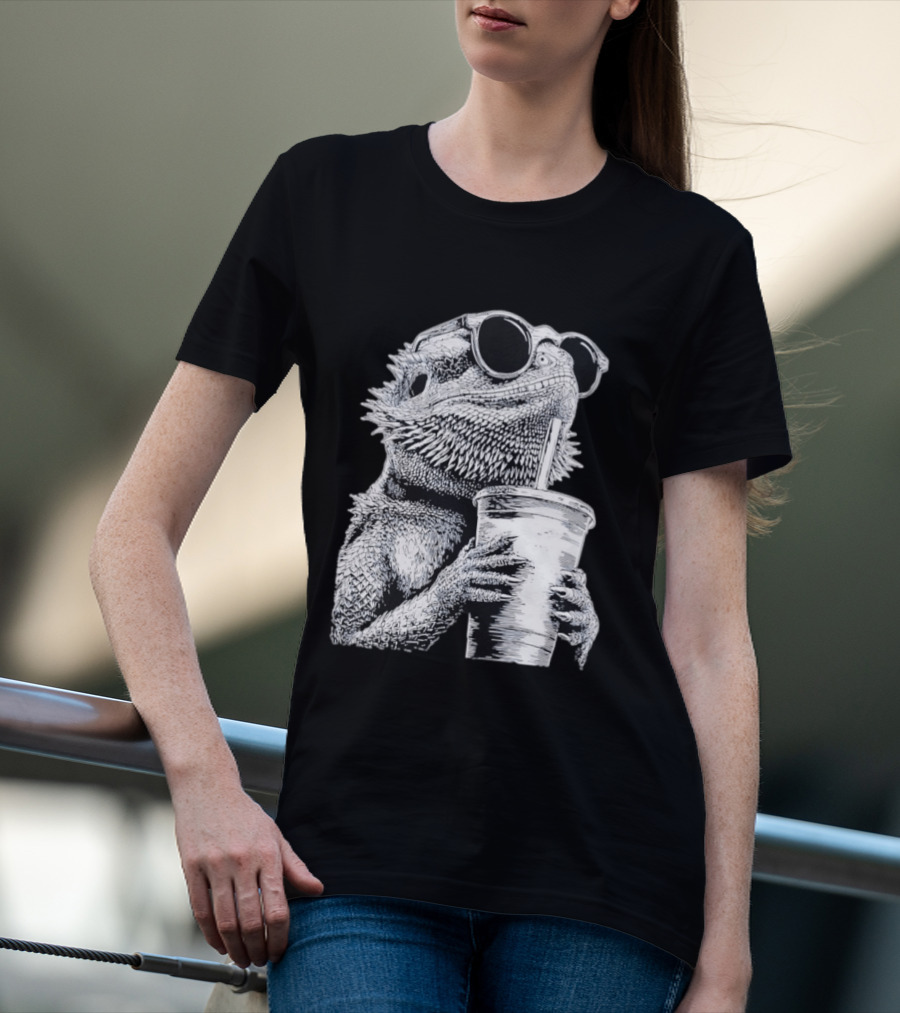 Bearded Dragon With Sunglasses Drinking Iced Coffee T-Shirt