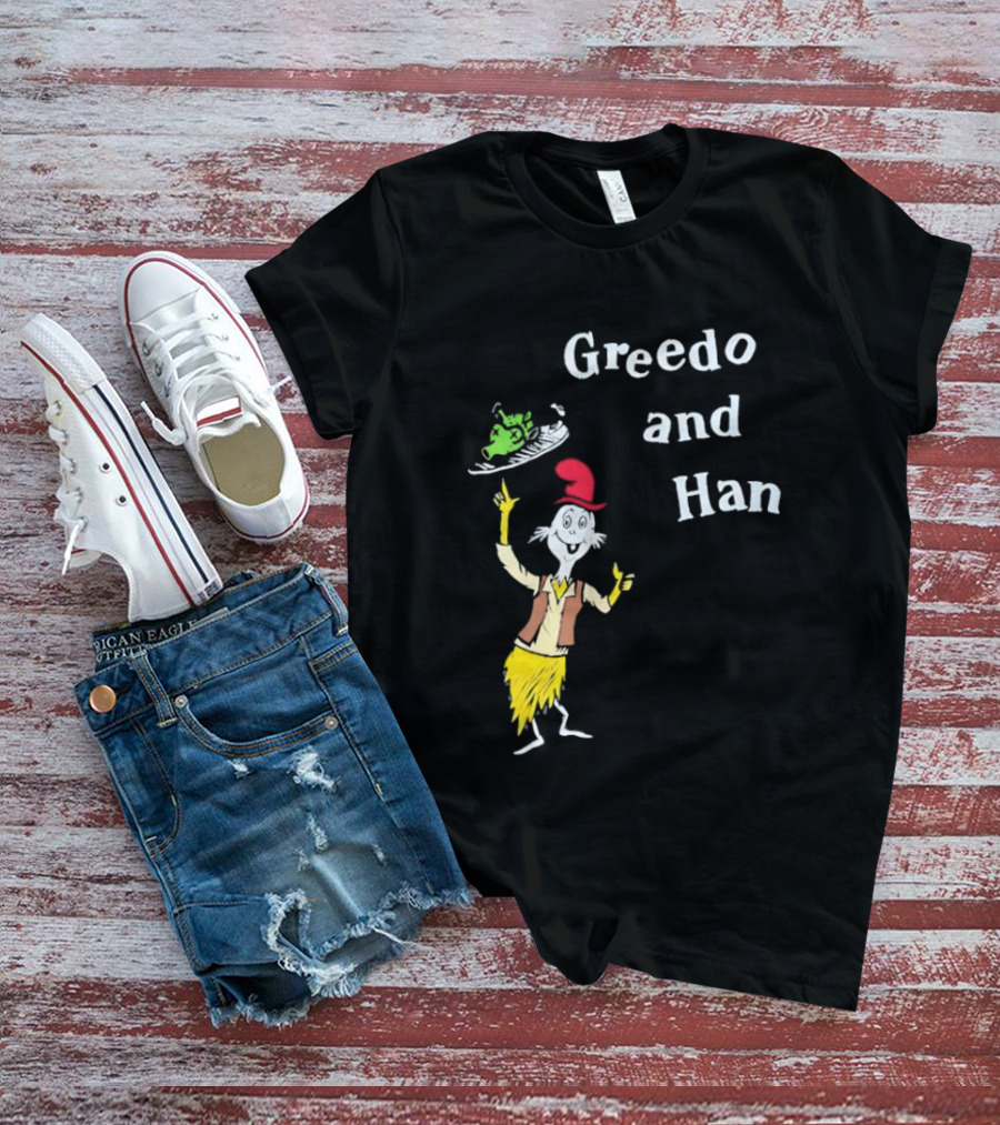 Greedo And Han Whimsical Cartoon Character Balancing Act T-Shirt