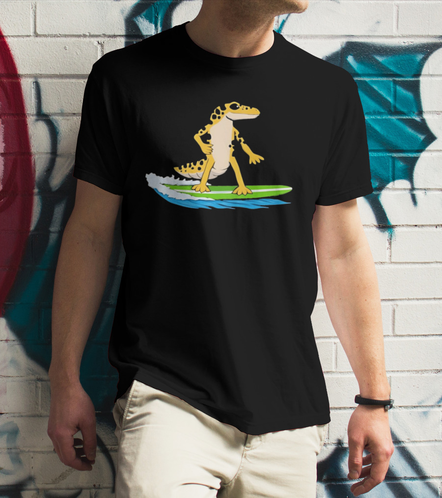 Leopard Gecko Yellow Lizard Riding Surfboard T-Shirt