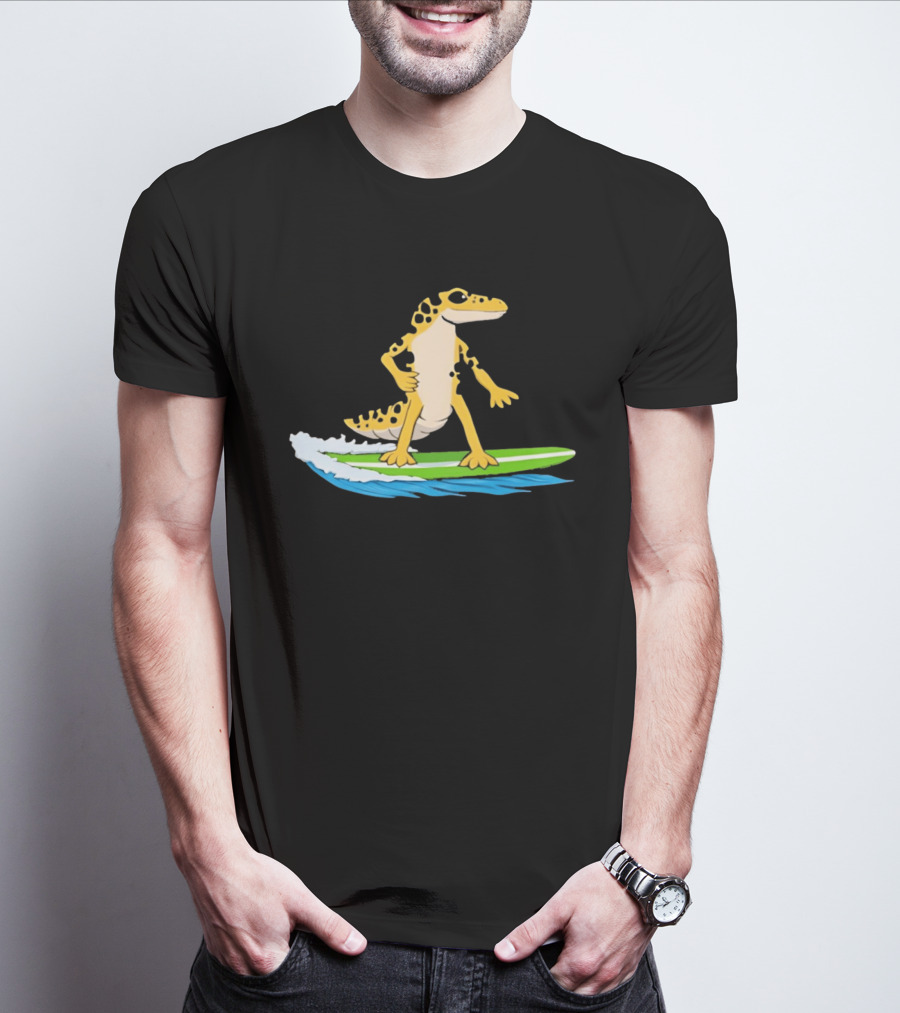 Leopard Gecko Yellow Lizard Riding Surfboard T-Shirt