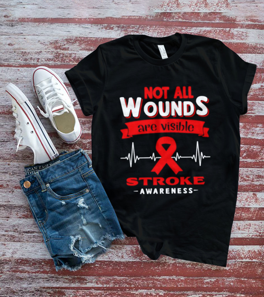 Red Ribbon Heartbeat Not All Wounds Are Visible Stroke Awareness T-Shirt