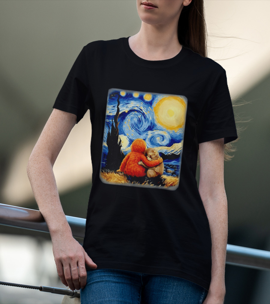 Punch Kun Panchi Kun Van Gogh Monkey Punch Starry Night Hugging Scene T-Shirt