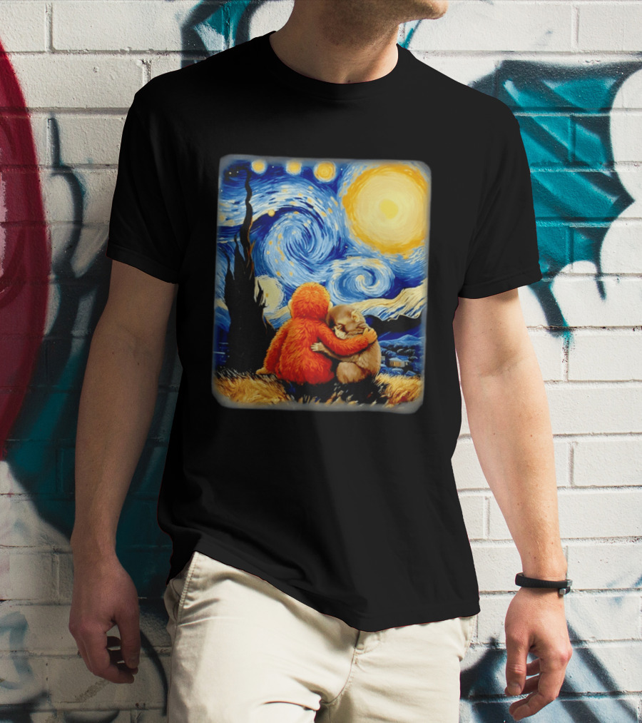 Punch Kun Panchi Kun Van Gogh Monkey Punch Starry Night Hugging Scene T-Shirt
