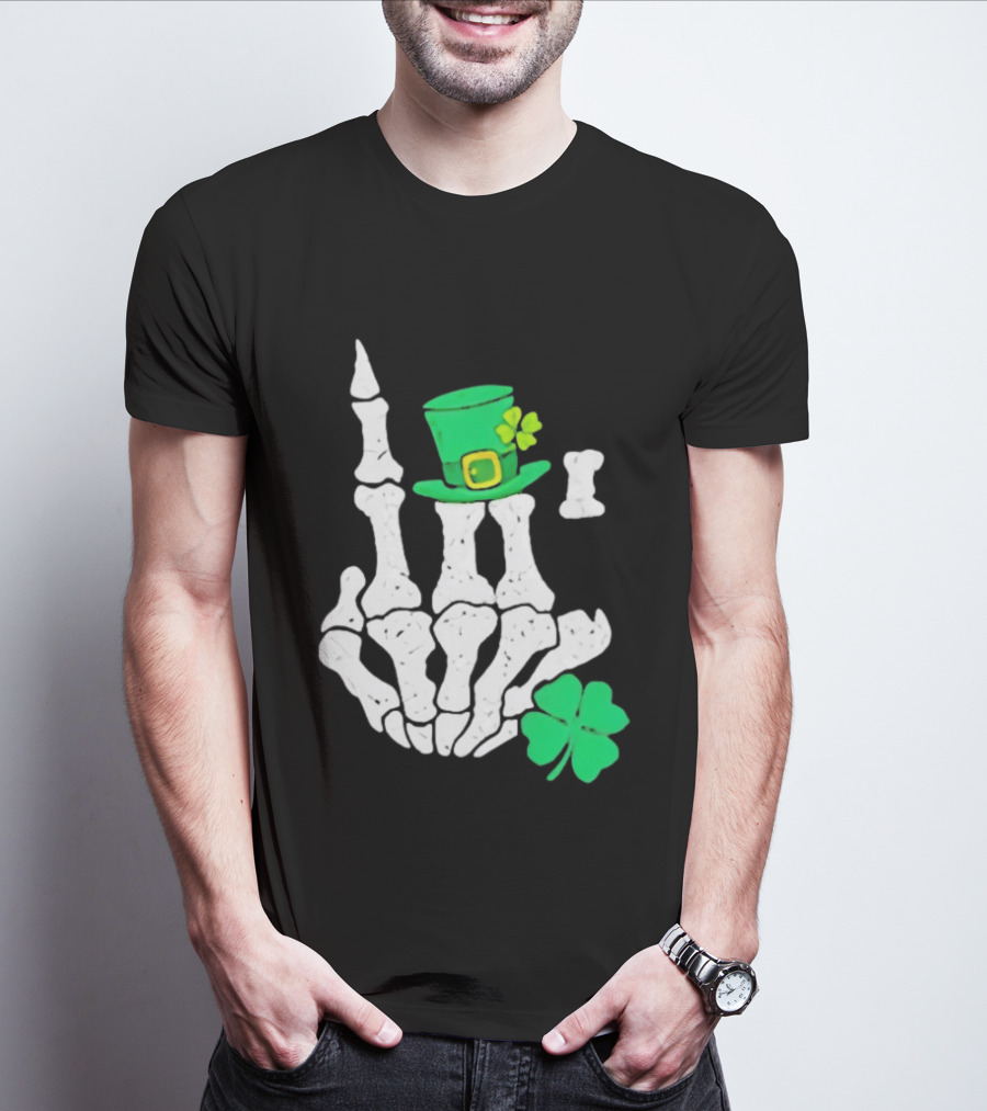 Skeleton Hand With Leprechaun Hat And Shamrock St Patricks Day T-Shirt
