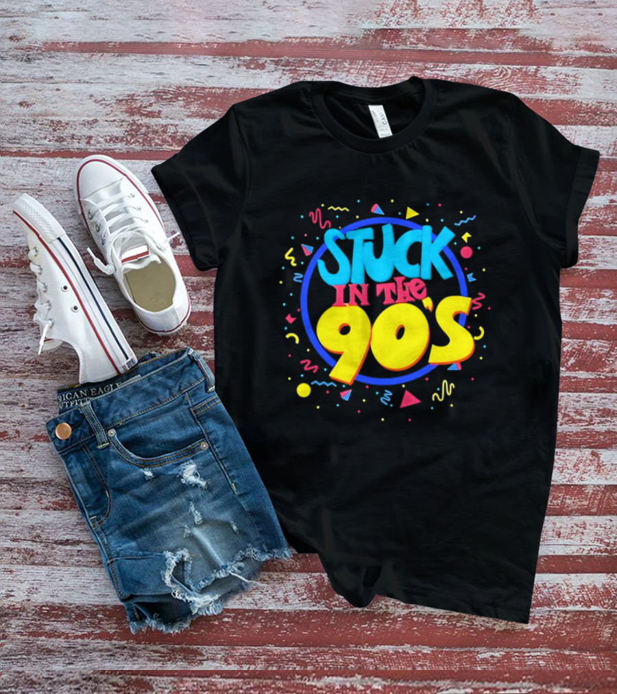 Stuck In The 90s Colorful Retro Vibes With Bold Typography And 90s T-Shirt