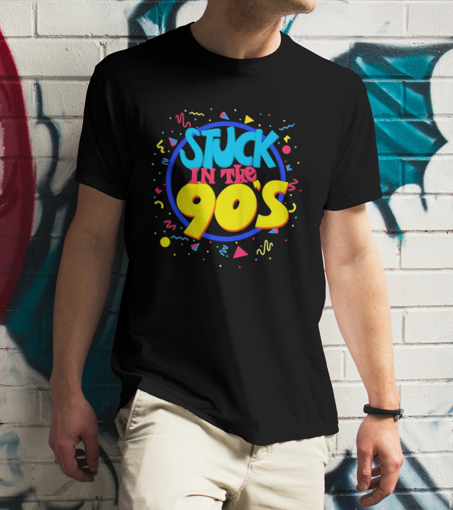 Stuck In The 90s Colorful Retro Vibes With Bold Typography And 90s T-Shirt