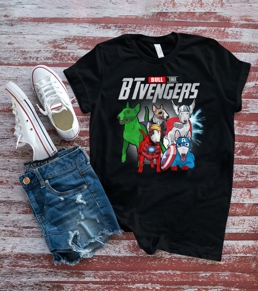 Bull Terrier BTvengers Superhero Dogs Ensemble T-Shirt