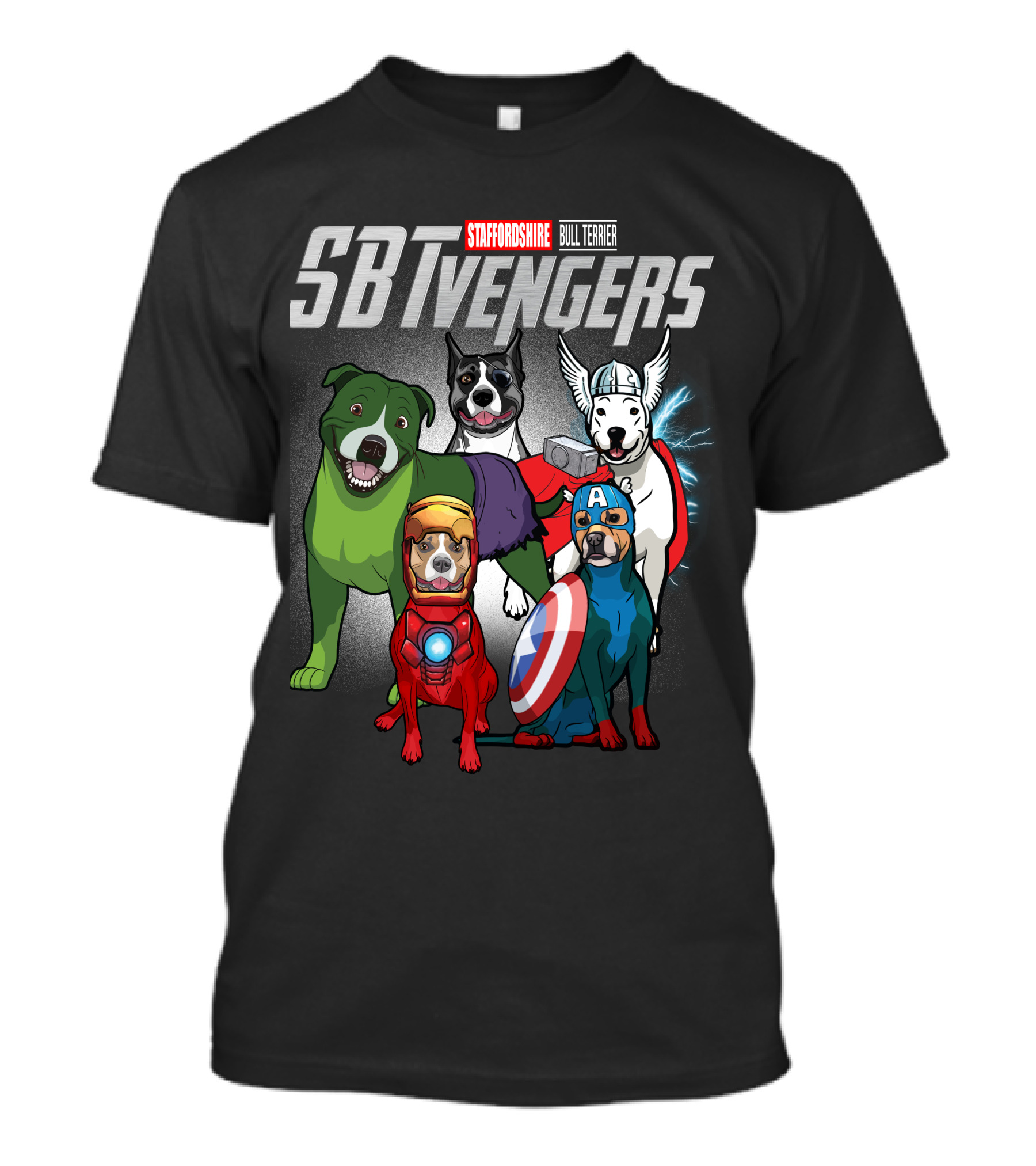 Staffordshire Bull Terrier SBTvengers Superhero Dogs T-Shirt