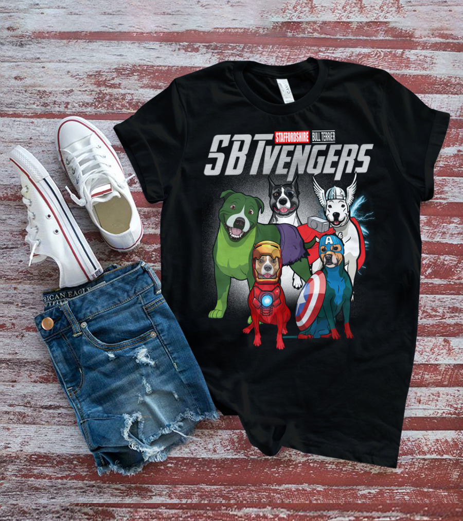 Staffordshire Bull Terrier SBTvengers Superhero Dogs T-Shirt