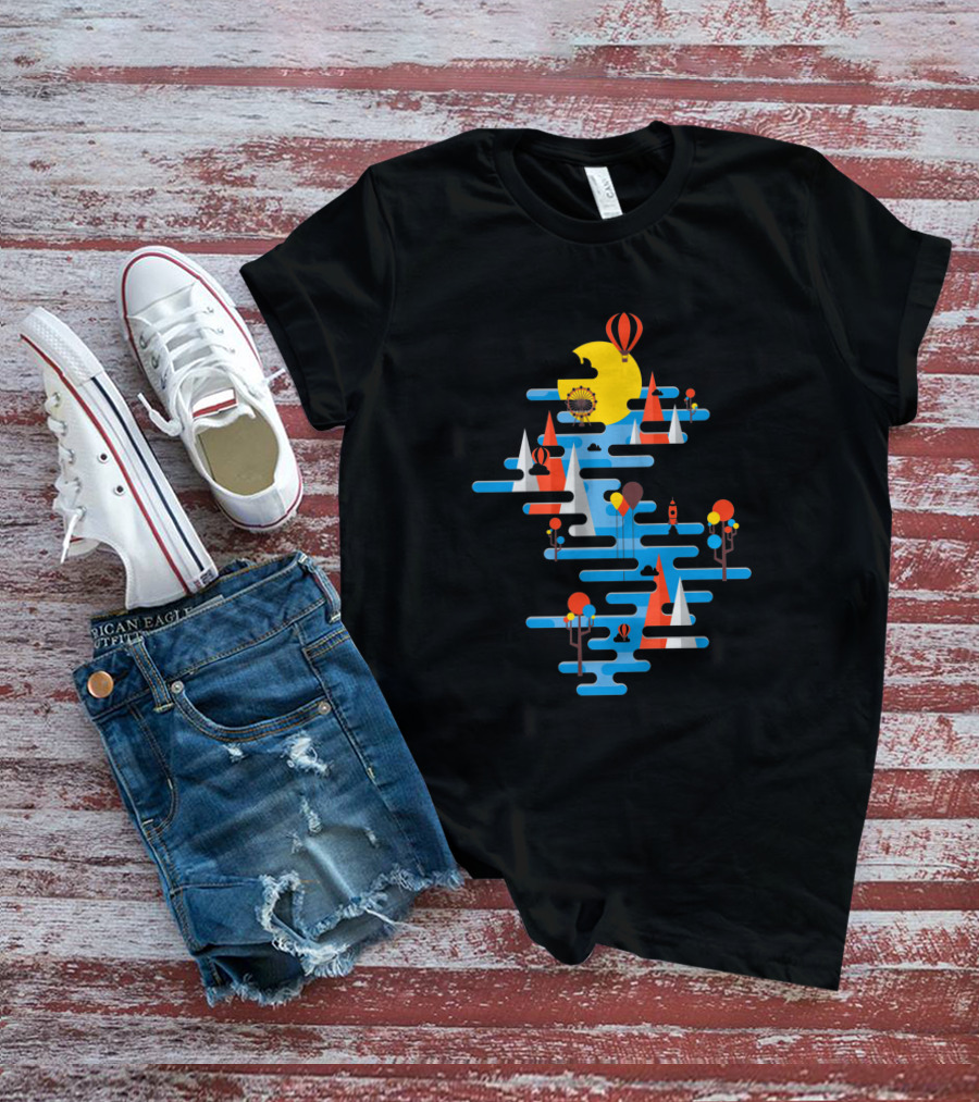 A Beautiful Day Hot Air Balloons Sailing Sun And Geometric Landscape T-Shirt