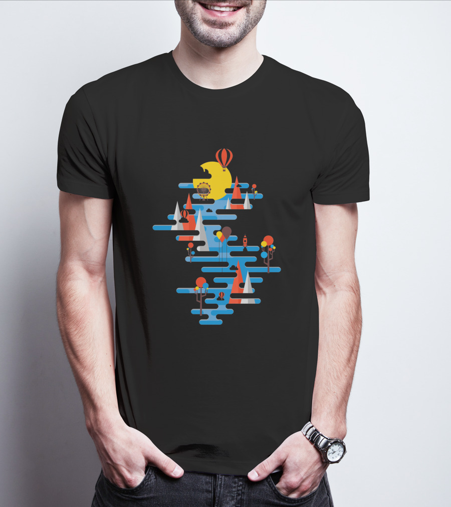 A Beautiful Day Hot Air Balloons Sailing Sun And Geometric Landscape T-Shirt