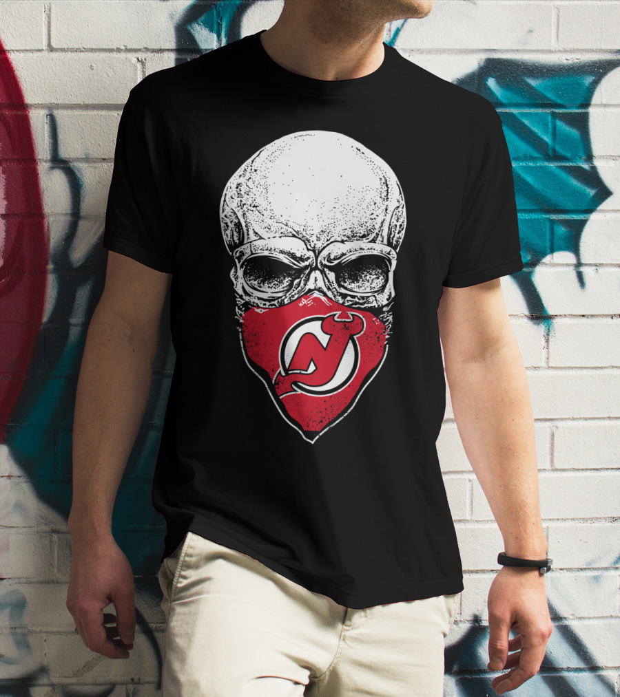 Skull With New Jersey Devils Logo As Face Mask T-Shirt