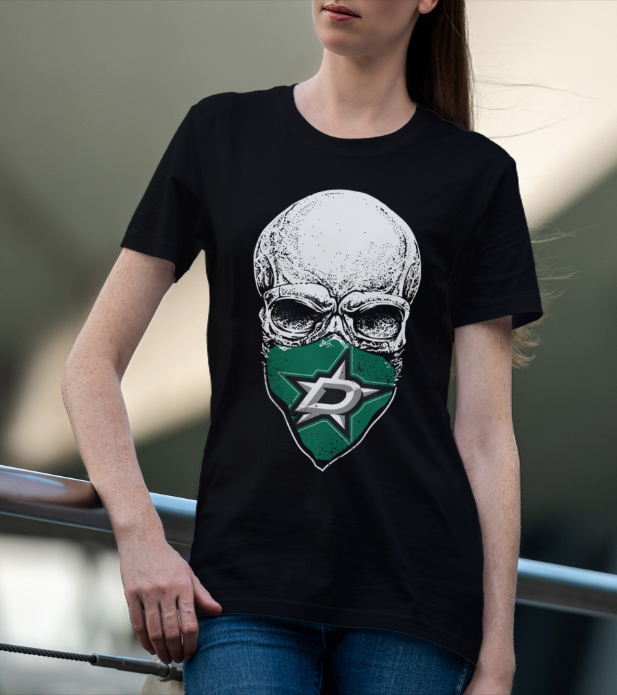 Dallas Stars Skull Mask With Team Logo On Black T-Shirt