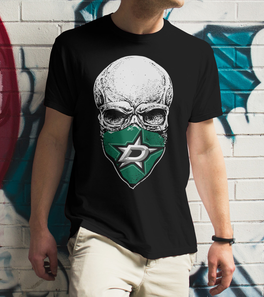 Dallas Stars Skull Mask With Team Logo On Black T-Shirt