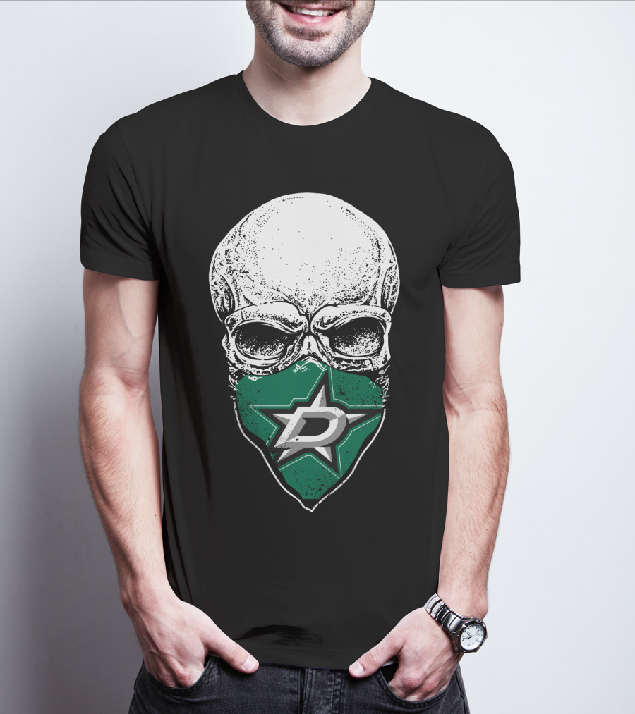 Dallas Stars Skull Mask With Team Logo On Black T-Shirt