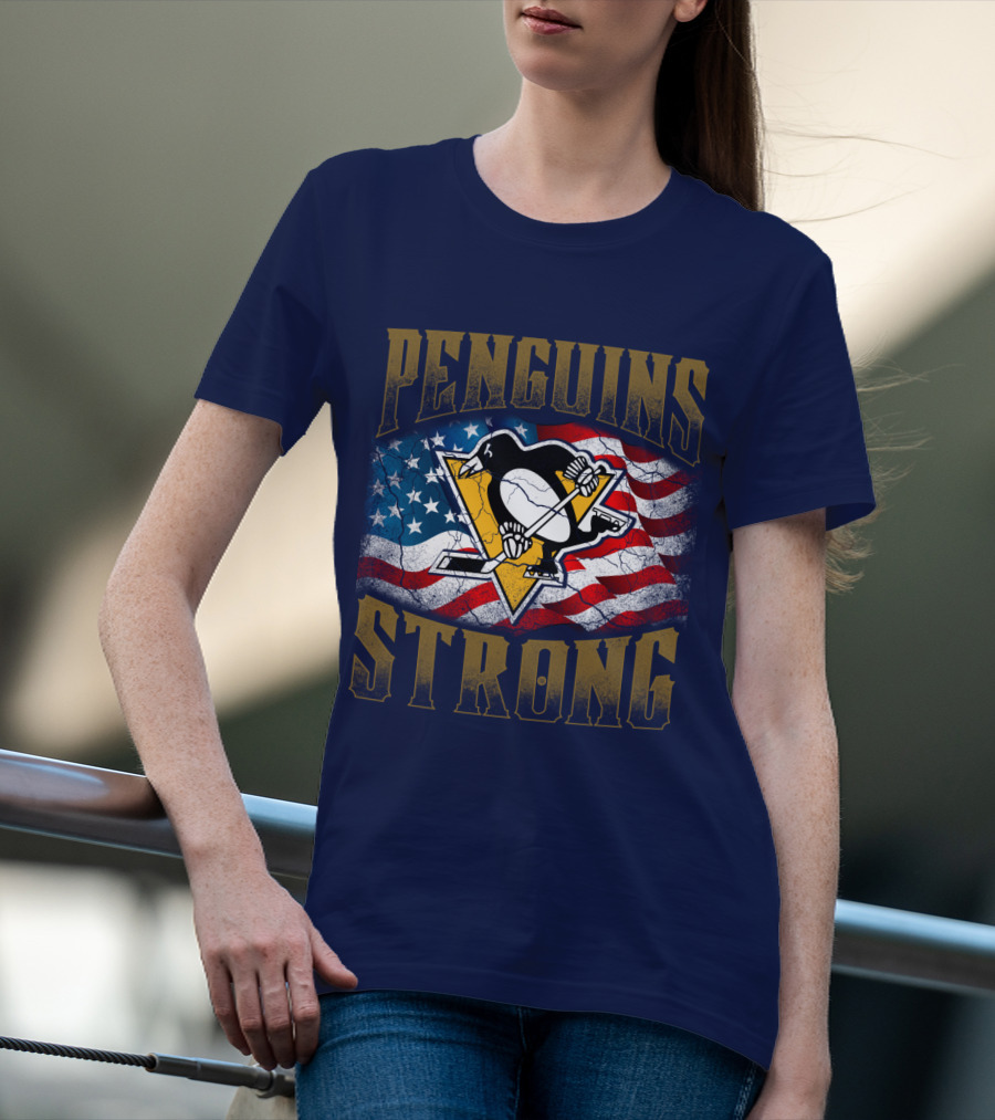 Penguins Strong American Flag Hockey T-Shirt