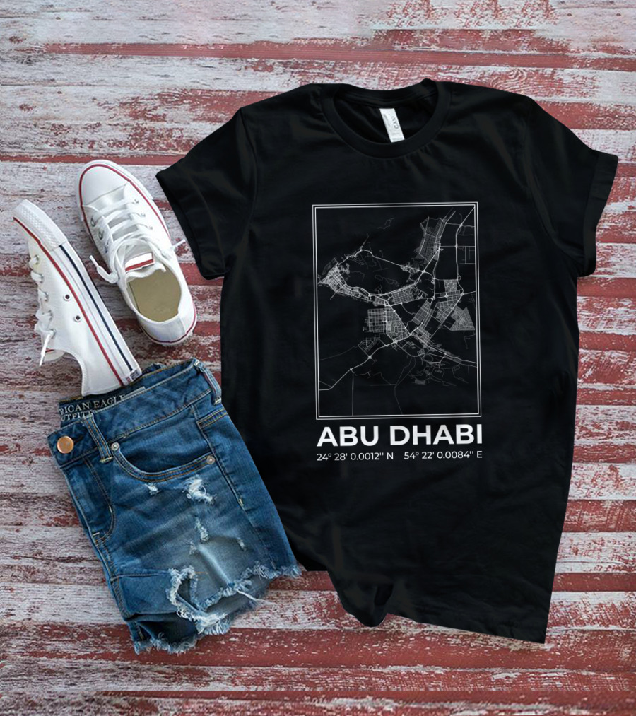Abu Dhabi Minimalist Map Black 24° 28' 0.0012'' N 54° 22' 0.0084'' E T-Shirt