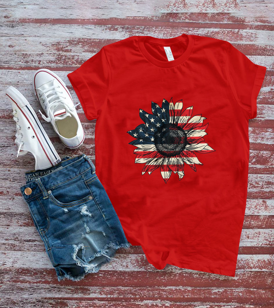 Sunflower American Flag USA Independence Day Flower T-Shirt