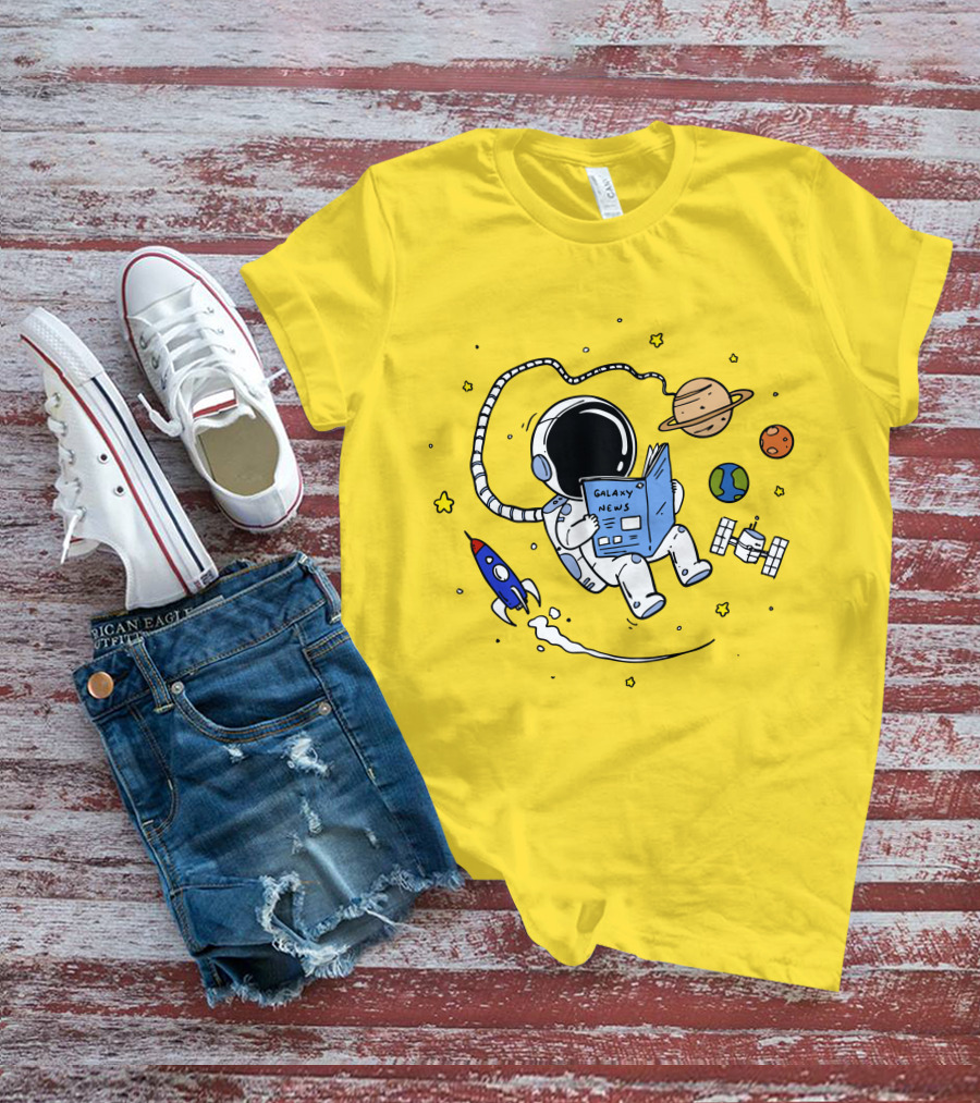 Reading Galaxy News Astronaut With Planets And Rocket T-Shirt