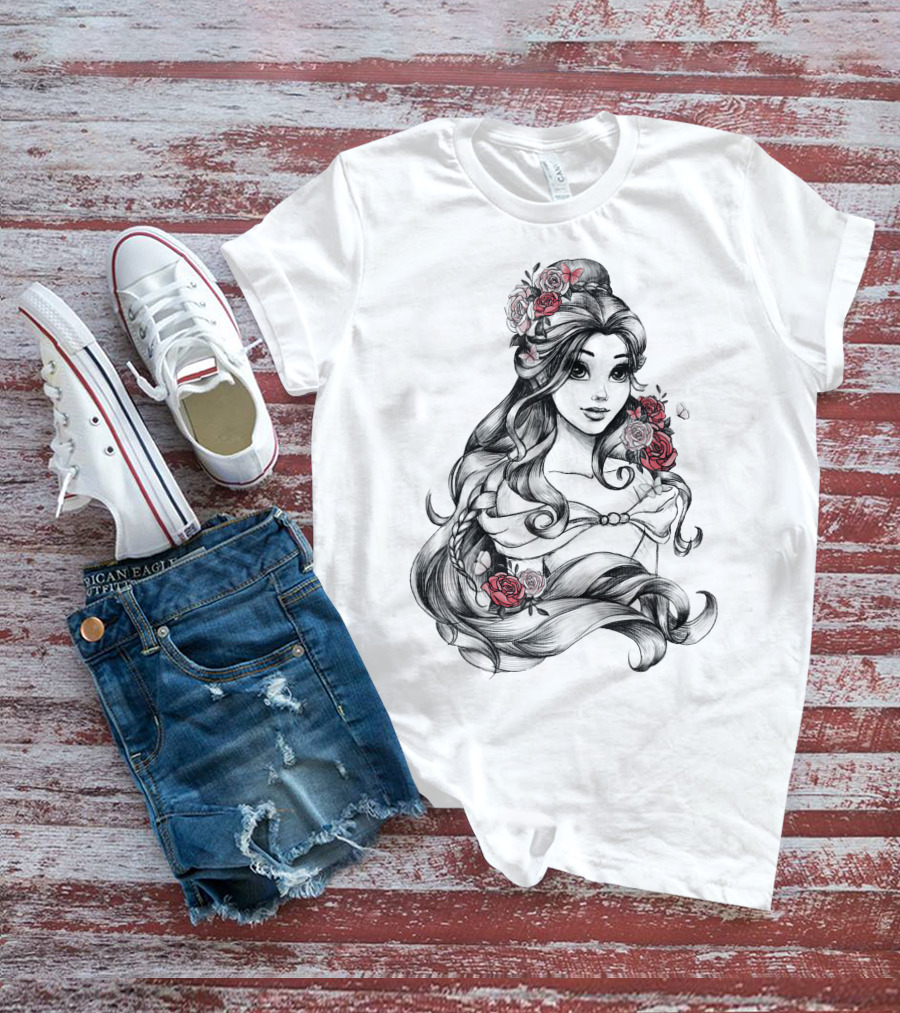 Beast Belle Rose Sketch Floral Hair T-Shirt