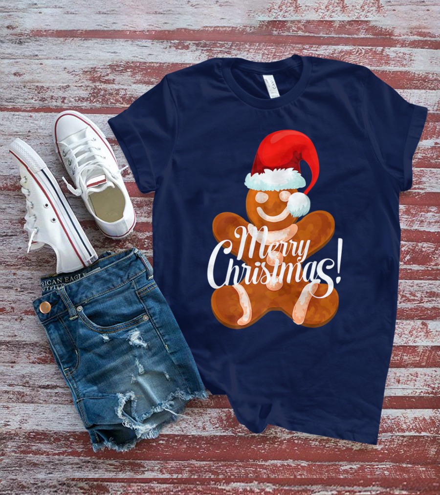 Merry Christmas Gingerbread With Santa Hat T-Shirt