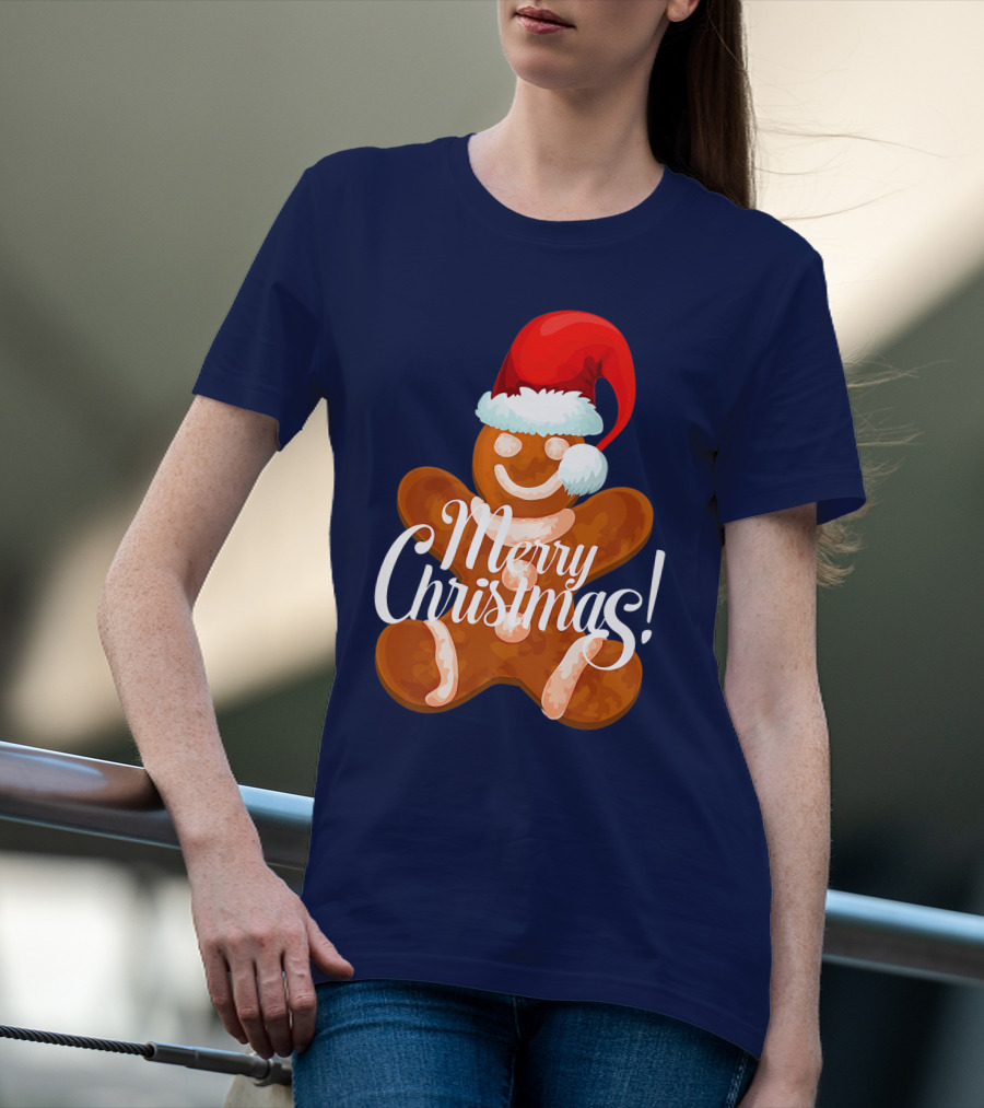 Merry Christmas Gingerbread With Santa Hat T-Shirt