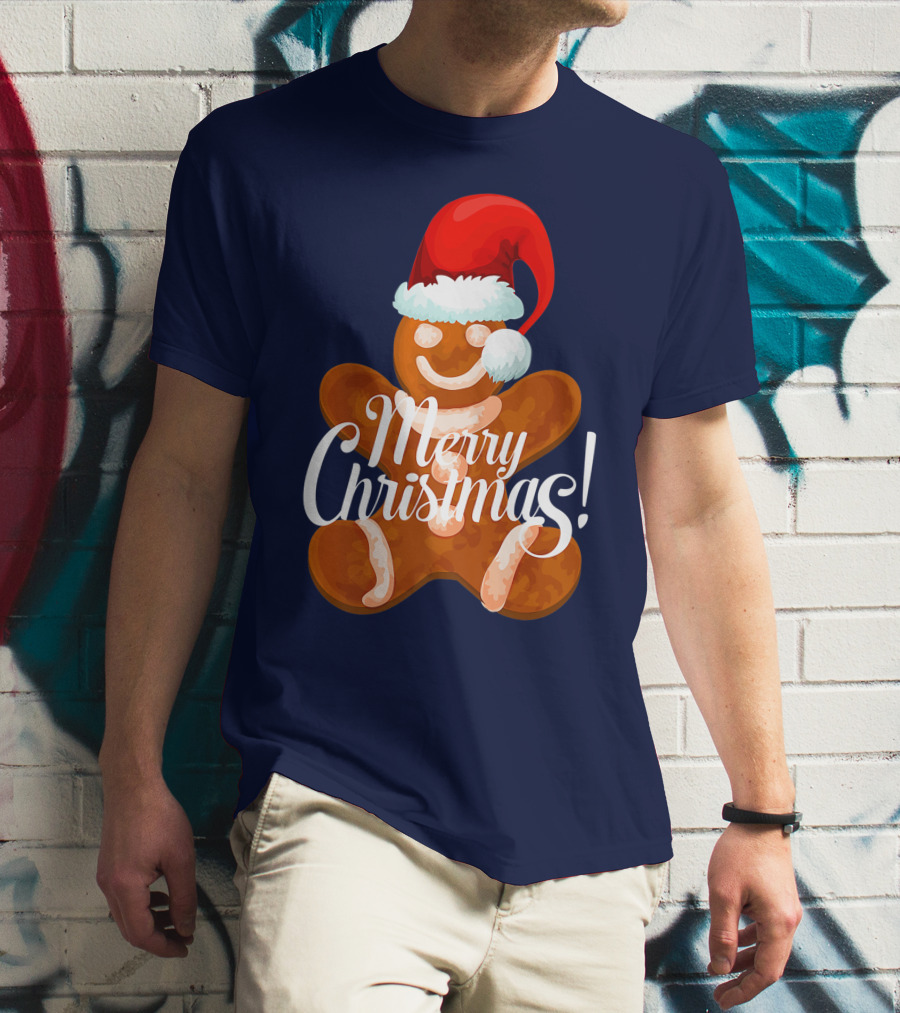 Merry Christmas Gingerbread With Santa Hat T-Shirt