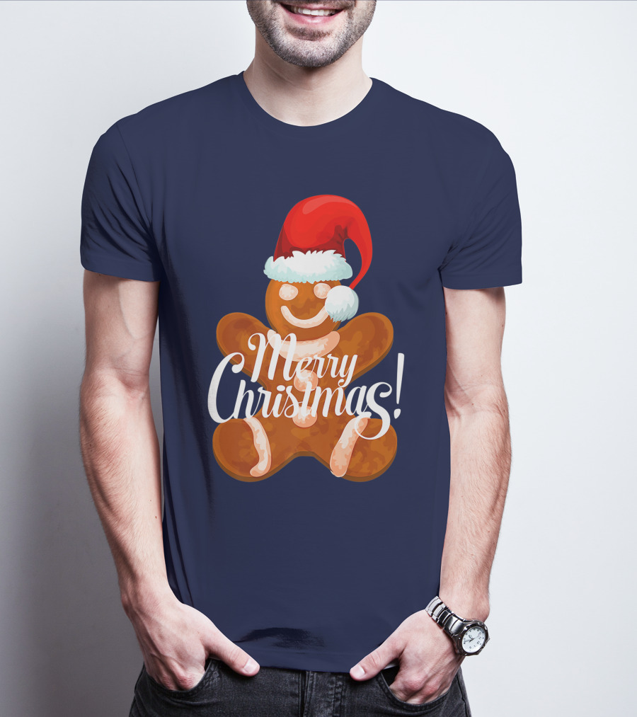 Merry Christmas Gingerbread With Santa Hat T-Shirt