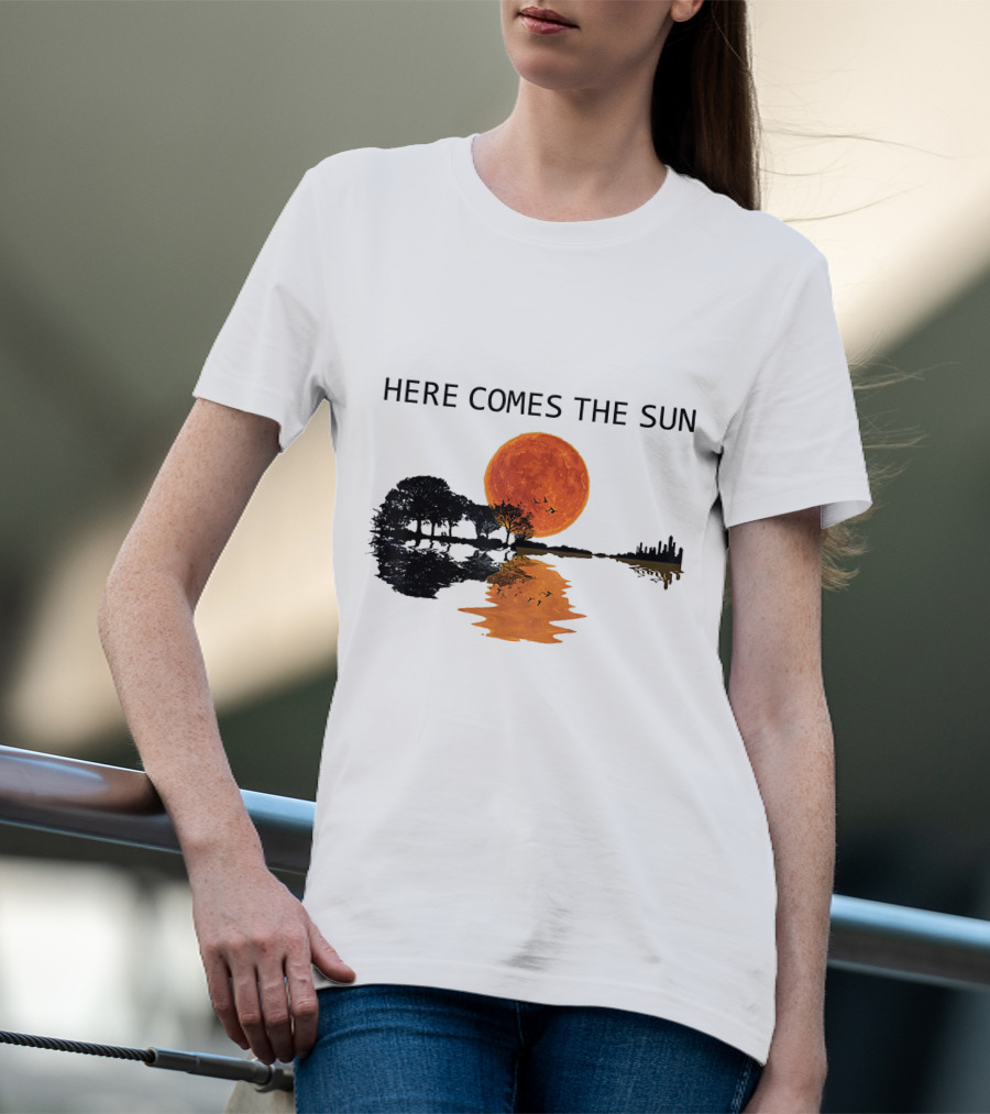 Here Comes The Sun Guitar Shadow Sunset Tree Reflection T-Shirt