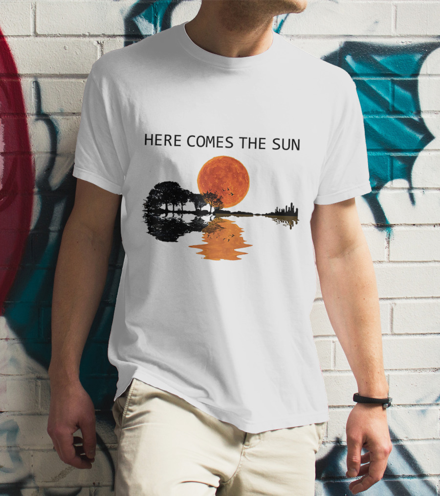 Here Comes The Sun Guitar Shadow Sunset Tree Reflection T-Shirt