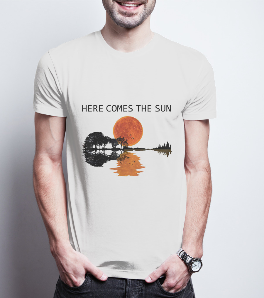 Here Comes The Sun Guitar Shadow Sunset Tree Reflection T-Shirt