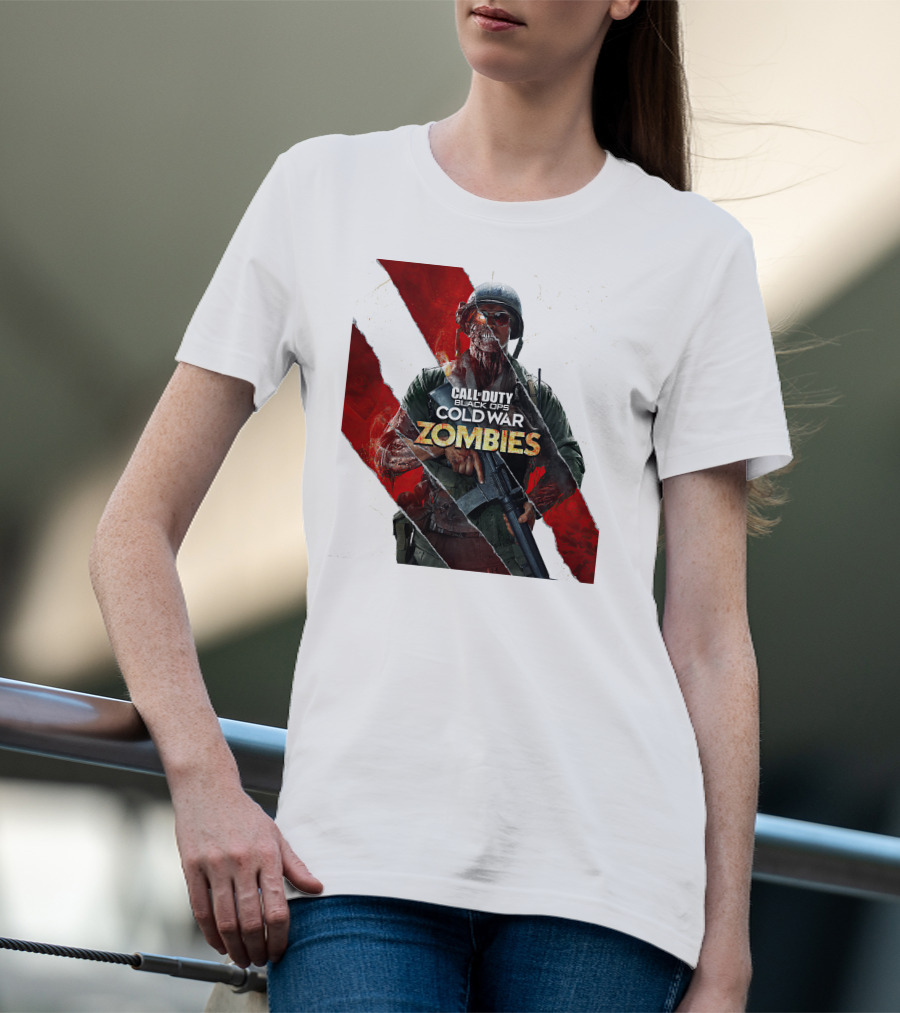 Call Of Duty Black Ops Cold War Zombies Soldier With Gun And Red Torn Stripes T-Shirt