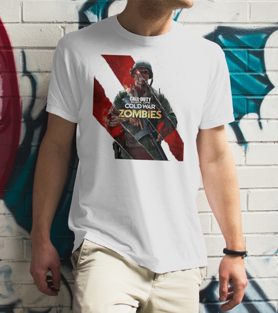 Call Of Duty Black Ops Cold War Zombies Soldier With Gun And Red Torn Stripes T-Shirt