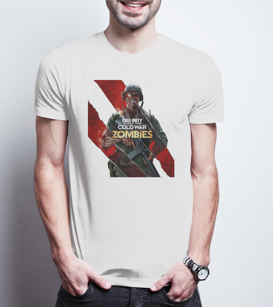 Call Of Duty Black Ops Cold War Zombies Soldier With Gun And Red Torn Stripes T-Shirt