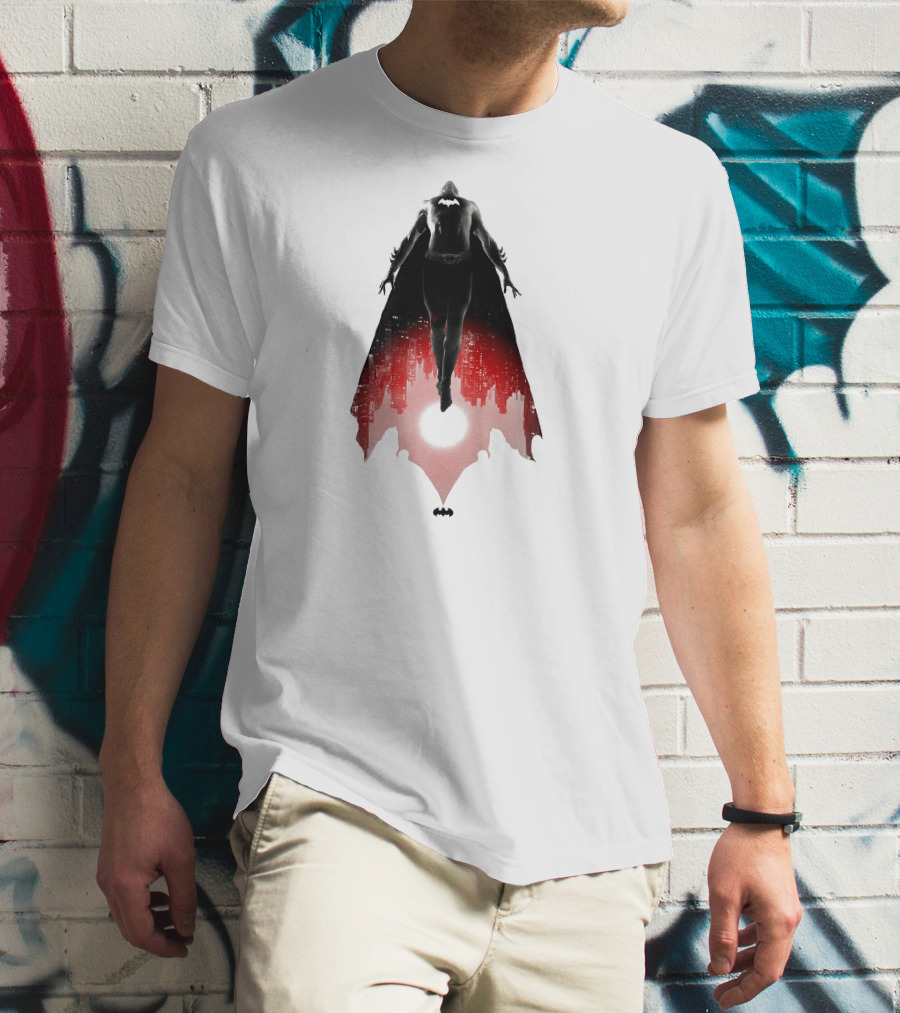 Batman Rising Over Gotham City Silhouette Red And Black T-Shirt