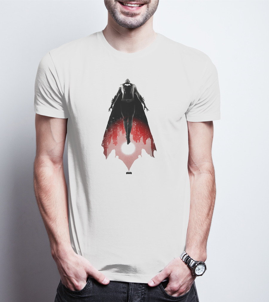 Batman Rising Over Gotham City Silhouette Red And Black T-Shirt