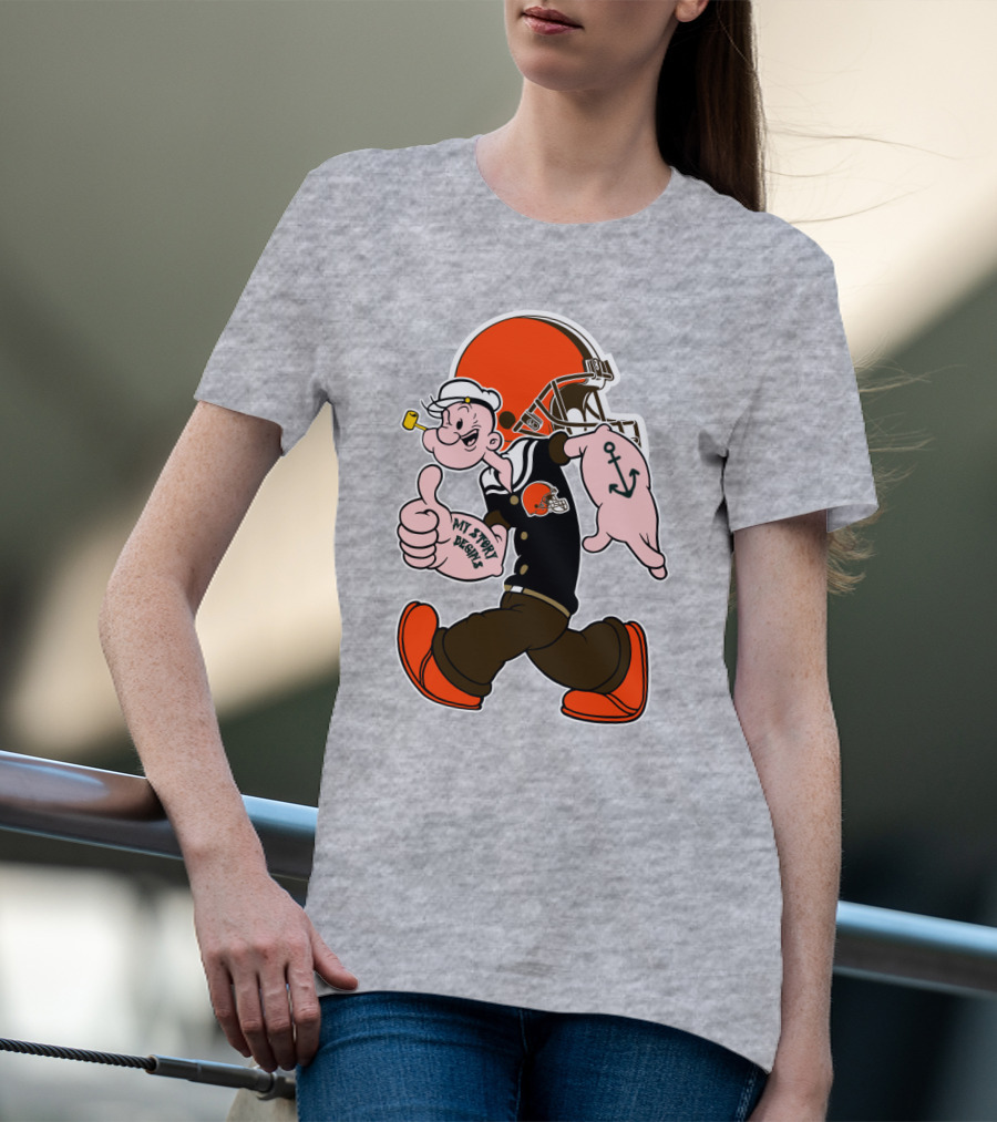 Browns Popeye My Strength Begins Football Helmet Anchor Tattoo T-Shirt