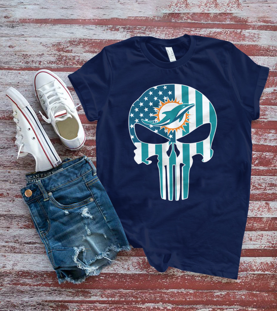 Miami Dolphins Punisher Skull American Flag T-Shirt