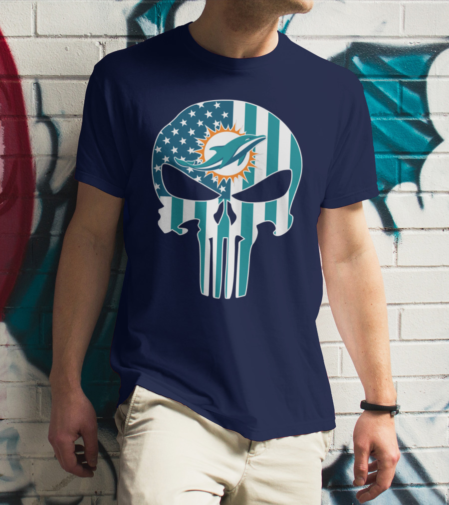 Miami Dolphins Punisher Skull American Flag T-Shirt