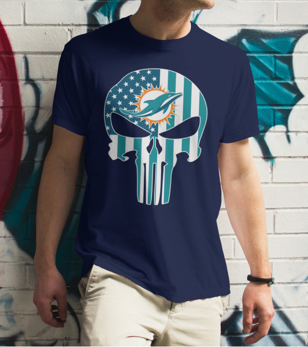 Miami Dolphins Punisher Skull American Flag T-Shirt