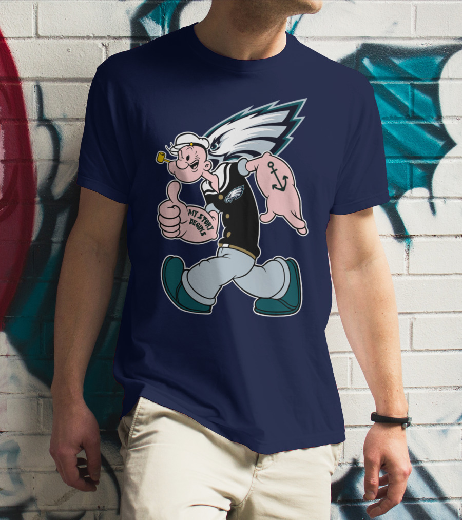 Popeye My Story Begins Philadelphia Eagles Anchor Navy Blue T-Shirt