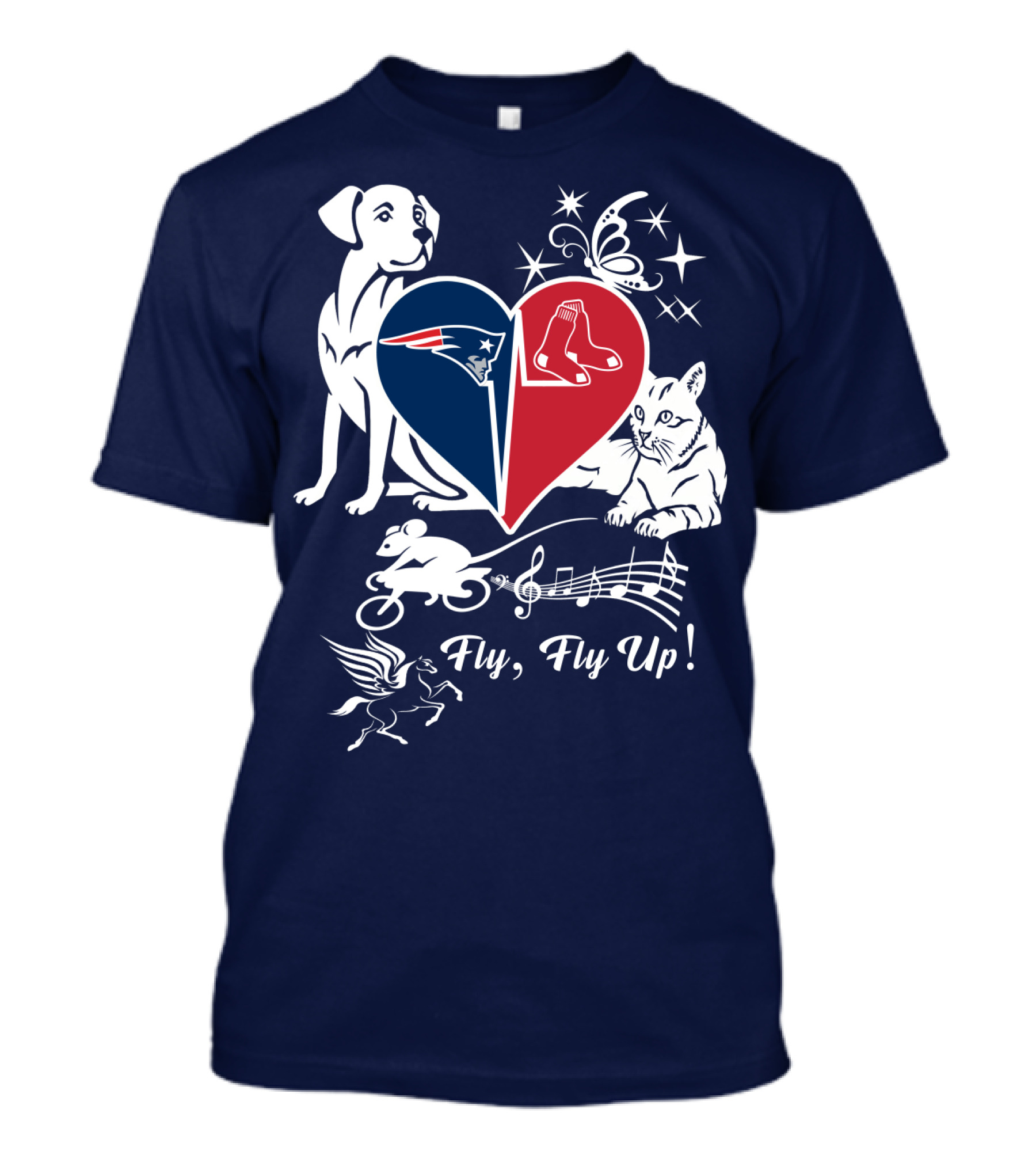 New England Patriots Red Sox Heart With Animals And Fly Fly Up T-Shirt