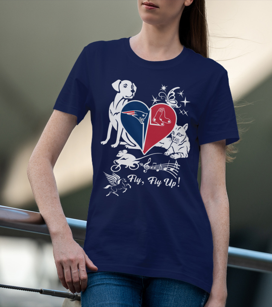New England Patriots Red Sox Heart With Animals And Fly Fly Up T-Shirt