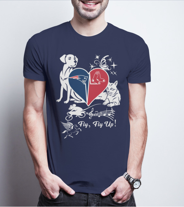 New England Patriots Red Sox Heart With Animals And Fly Fly Up T-Shirt