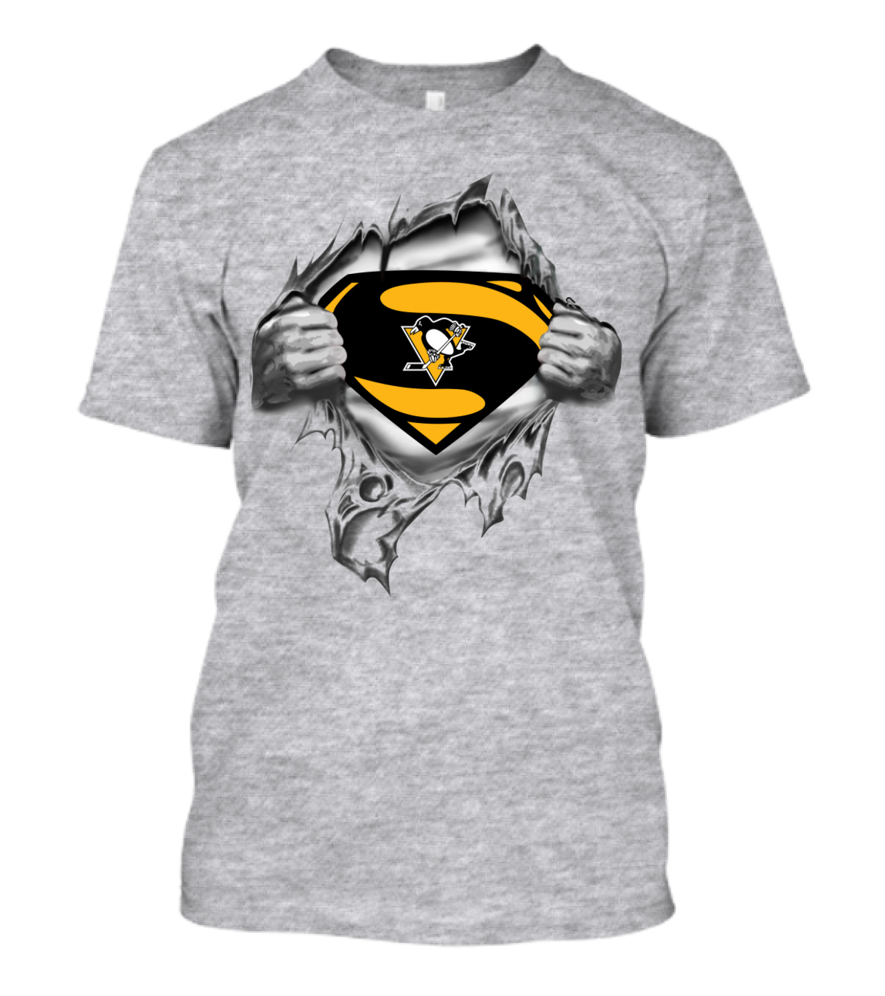 Superman Pittsburgh Penguins Logo Busting Through Silver T-Shirt