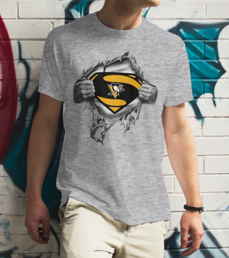 Superman Pittsburgh Penguins Logo Busting Through Silver T-Shirt